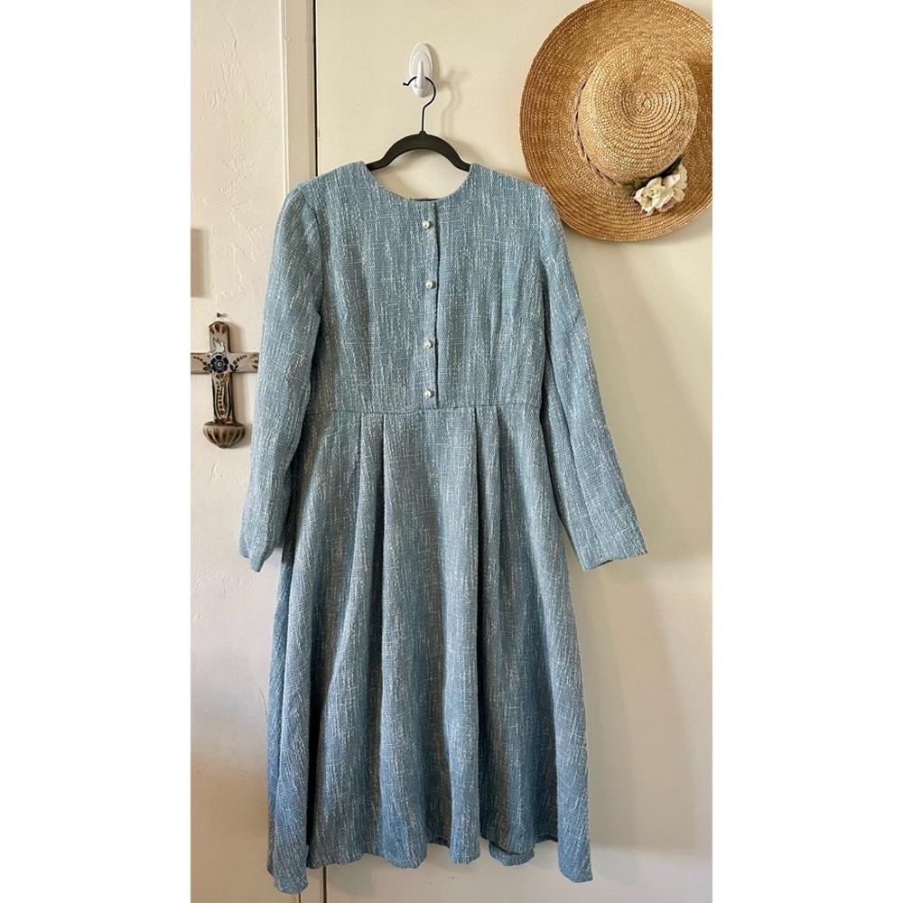 Shein Tweed Lined Blue Gray Midi Modest Long-Sleeve Dress